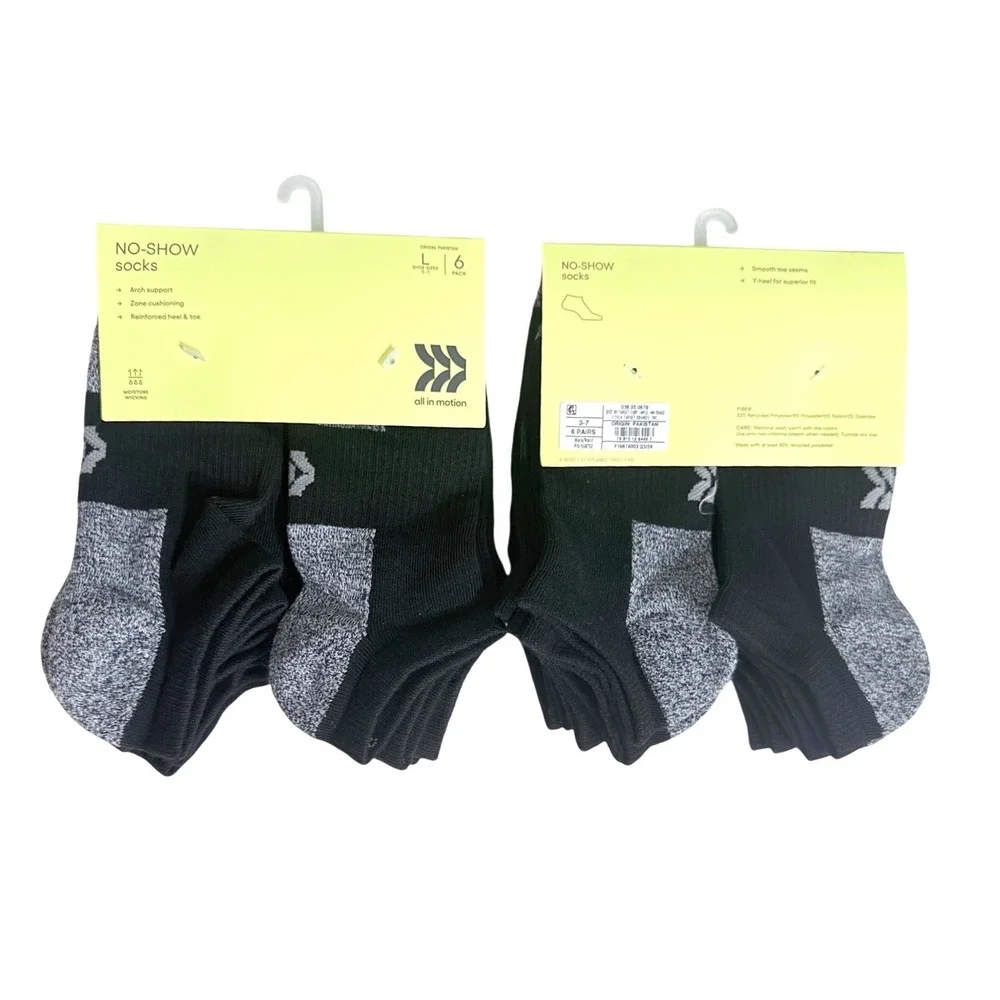 All in Motion Socks No-Show 2-Pack Black Shoe Size 3-7 Large 12 Pairs